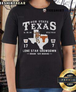 Official Longhorns Texas 2024 Ladies Tee featuring 'Hook 'Em Horns' design for Lone Star Showdown 17-7.