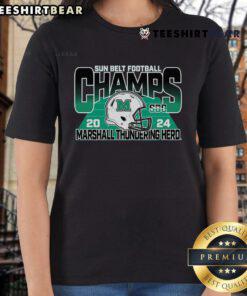 Official Marshall Thundering Herd Blue 84 2024 Sun Belt Football Champions Ladies Tee showcasing team pride.