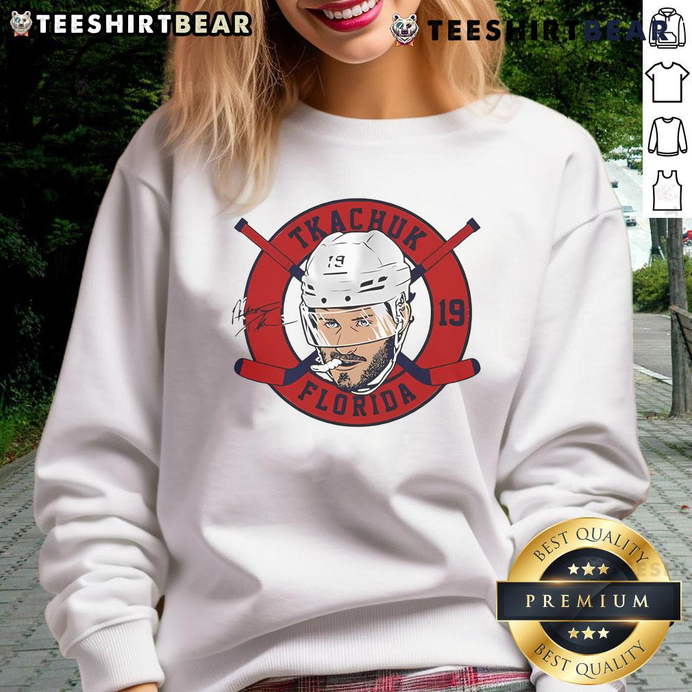 Alt Text: Official Matthew Tkachuk 19 Florida Panthers Floating Head 2.0 Signature Sweatshirt featuring vibrant graphics.