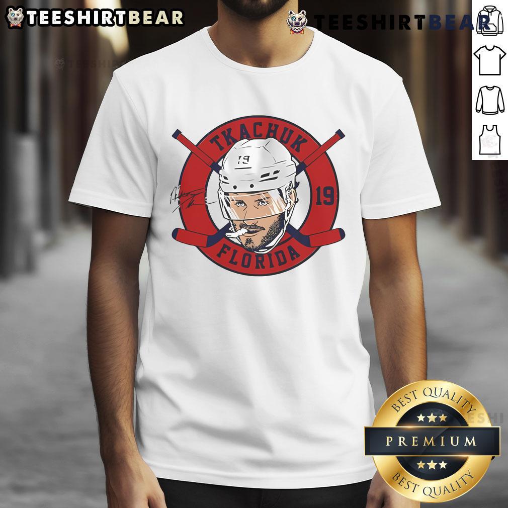 Alt Text: Official Matthew Tkachuk Florida Panthers Floating Head 2.0 Signature T-Shirt featuring vibrant team colors and design.