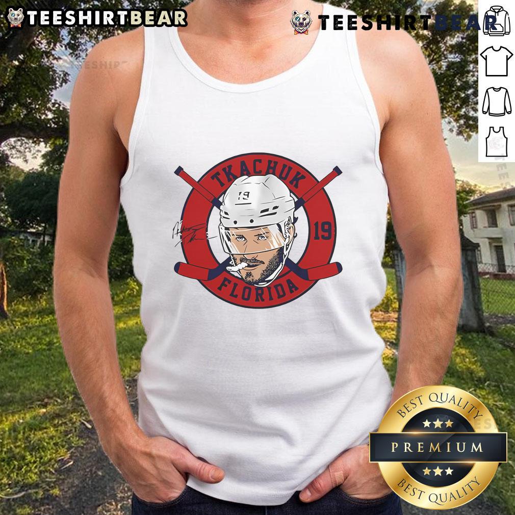 Official Matthew Tkachuk 19 Florida Panthers Floating Head 2.0 Signature Tank Top featuring vibrant team colors and design.