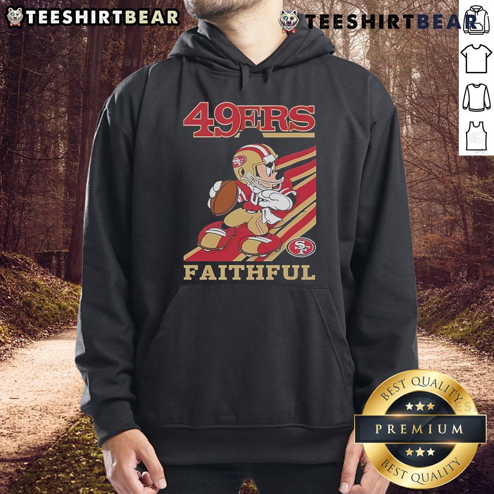 Alt Text: Official Mickey Mouse San Francisco 49ers Faithful Slogan Hoodie featuring iconic Disney and NFL designs.