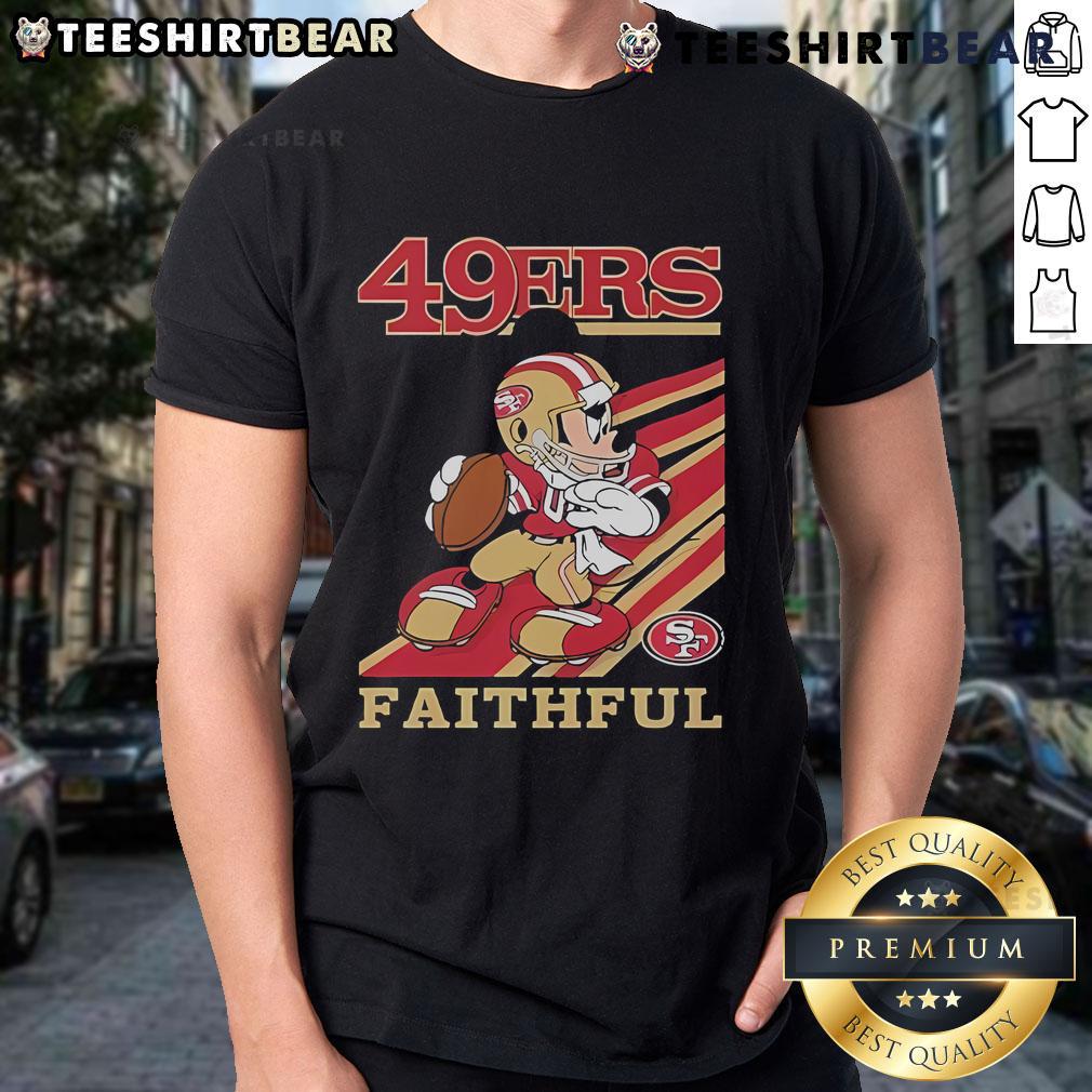Alt Text: Official Mickey Mouse San Francisco 49ers Faithful slogan T-shirt featuring vibrant graphics and team colors.