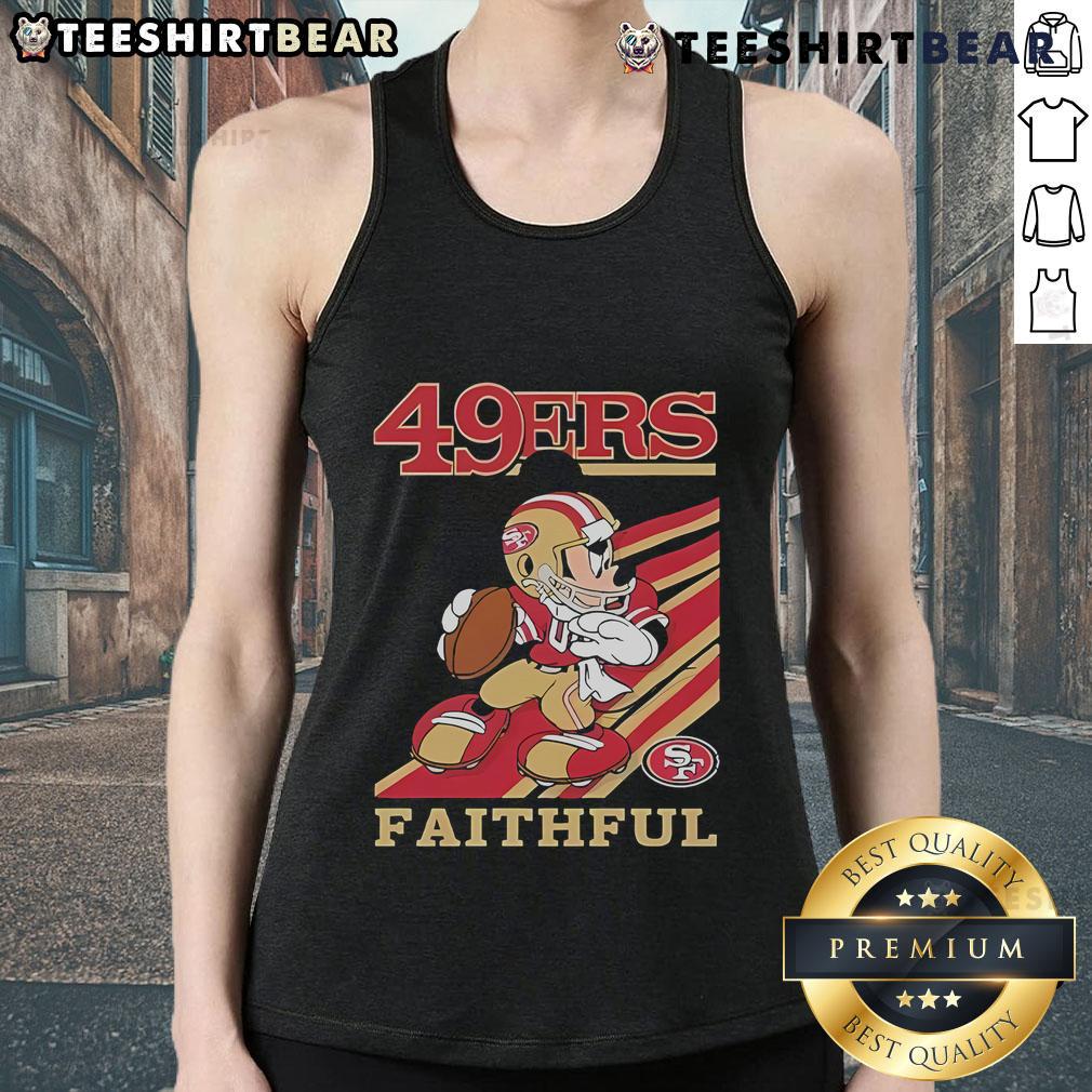 Official Mickey Mouse San Francisco 49ers Faithful slogan tank top featuring vibrant graphics for fans.