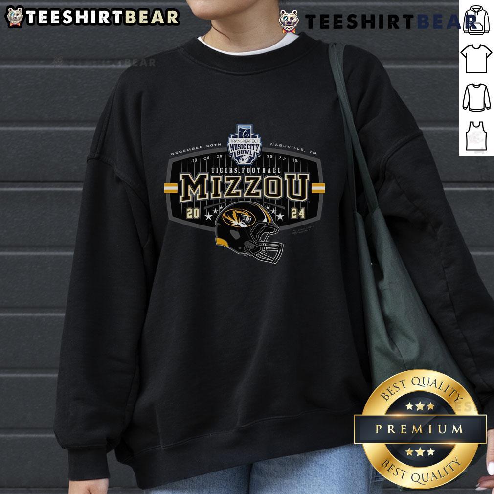 Alt Text: Official Missouri Tigers 2024 TransPerfect Music City Bowl sweatshirt featuring team colors and logo.