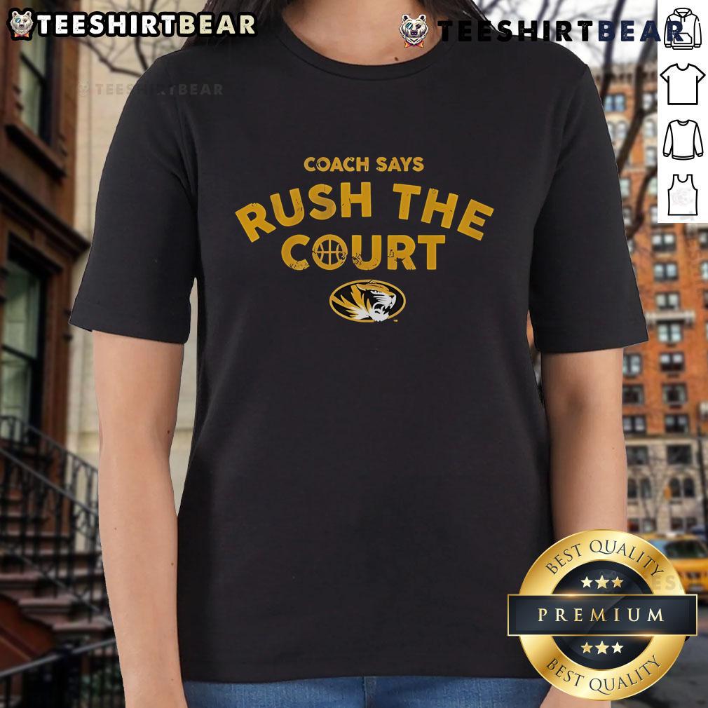 Official Mizzou Basketball Coach 'Rush The Court' Ladies Tee featuring team colors and logo for fans and supporters.
