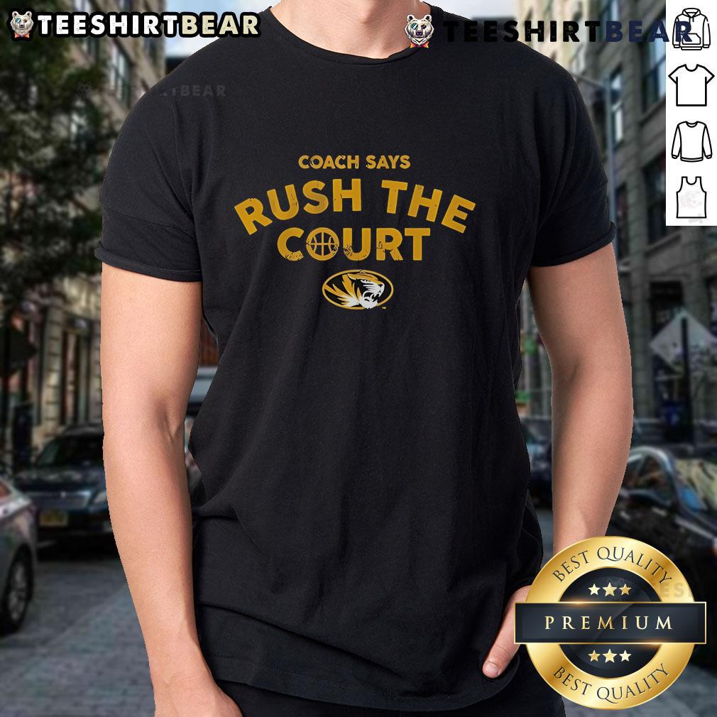 Official Mizzou Basketball Coach wearing 'Rush The Court' T-shirt, promoting team spirit and fan excitement.
