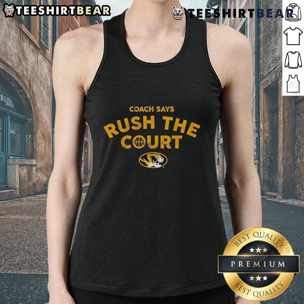 Official Mizzou Basketball Coach in a Rush The Court tank top, showcasing team spirit and athletic style at Mizzou events.