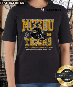 Alt Text: Official Mizzou Tigers Champion 2024 Music City Bowl football helmet design on a stylish ladies tee shirt.