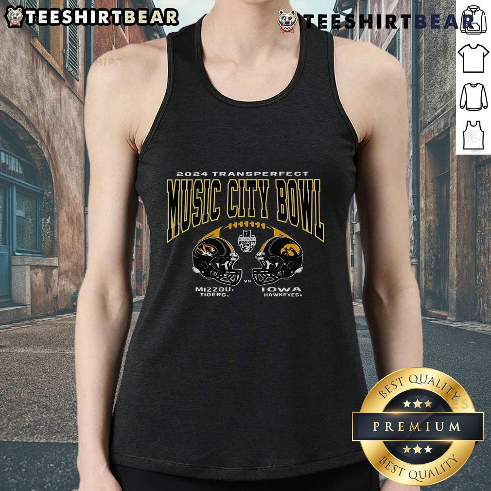 Official Mizzou Tigers vs Iowa Hawkeyes 2024 TransPerfect Music City Bowl football helmet tank top design.