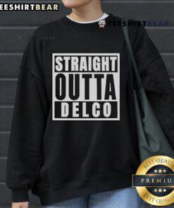 Alt Text: Official Philly Goat Straight Outta Delco Sweatshirt in navy blue, featuring a bold graphic design, ideal for casual wear.