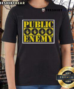 Official Public Enemy yellow logo on a ladies tee, showcasing bold design for fans of the iconic hip-hop group.