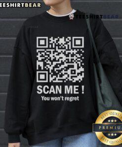 Alt Text: Official QR Scan Me Trump 45-47 Tee sweatshirt featuring Trump dancing and a QR code for easy scanning.