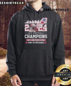 Official SMU Mustangs ACC Football Champions 2024 hoodie showcasing team pride with 'Pony Up' slogan.