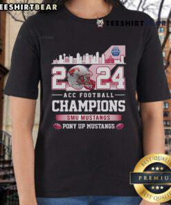 2024 SMU Mustangs ACC Football Champions ladies tee featuring 'Proud Pony Up' design for fans and supporters.