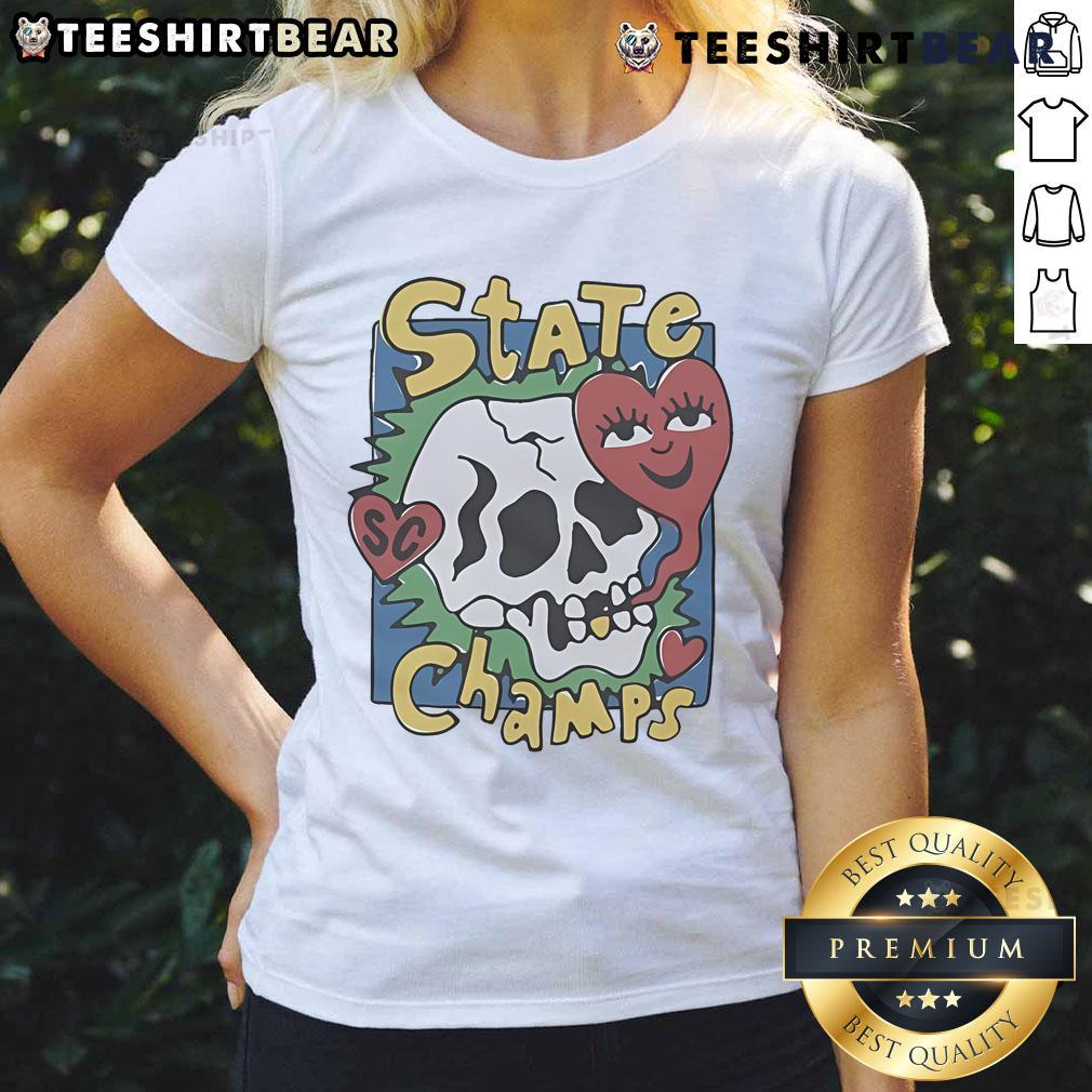 Official State Champs Skull Heart Ladies Tee featuring a stylish skull and heart design for women's fashion.