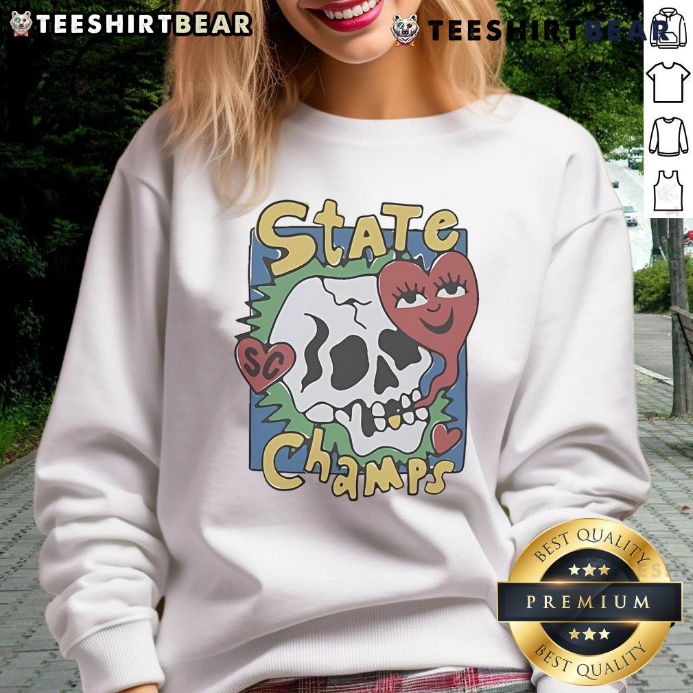 Official State Champs Skull Heart Sweatshirt featuring a bold graphic design for fans of unique sports apparel.