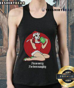 Mrs. Claus Pin-Up Tank Top with 'Im So Sorry Ive Been Naughty' slogan, perfect for festive holiday wear.