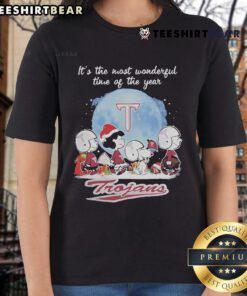 Official Troy Trojans Christmas ladies tee featuring Peanut characters, perfect for festive holiday celebrations.