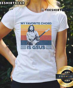 Premium Gsus Jesus guitar design on a ladies tee, perfect for music lovers and fans of creative chord expressions.