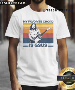 Premium My Favorite Chord Is Gsus Jesus Playing Guitar T-Shirt design featuring a guitar and playful text for music lovers.