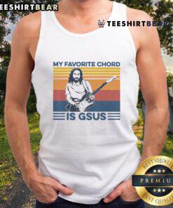 Premium 'My Favorite Chord is Gsus' tank top featuring Jesus playing guitar, perfect for music lovers and faith-inspired fashion.
