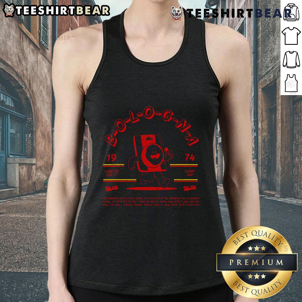 Vintage tank top featuring Premium Oscar Mayer Singing Bologna graphic, perfect for retro food lovers and fashion enthusiasts.