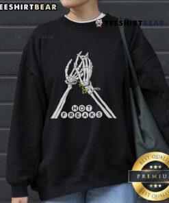 Pretty Skeleton Hand design on Hot Freaks Sweaty Bones sweatshirt, perfect for Halloween and casual wear.