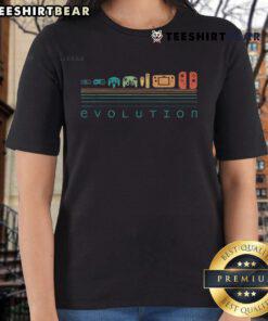 Retro gaming tee featuring the evolution of video game controllers from the 80s to 90s, perfect for gamer ladies.
