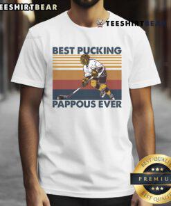 Funny hockey grandpa saying T-shirt featuring 'Top Awesome Best Pucking Pappous Ever' design for hockey fans.