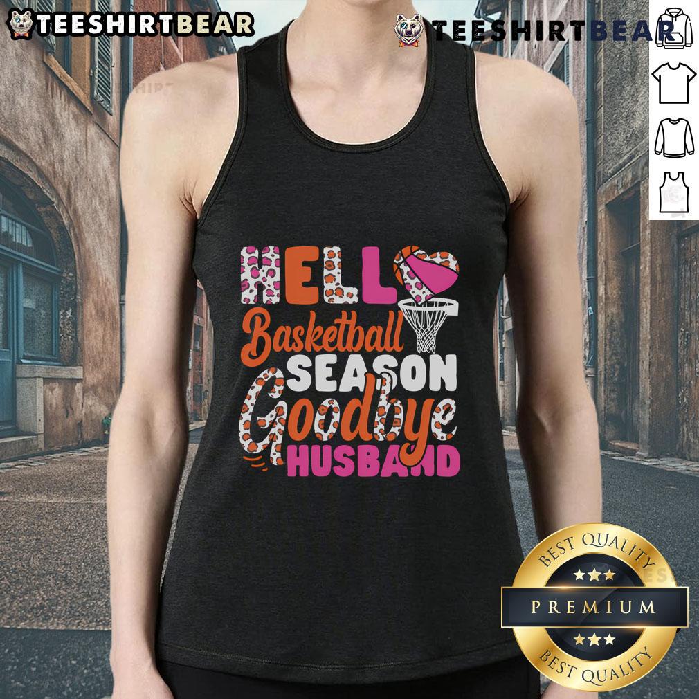 Couple wearing 'Hello Basketball Season' tank tops, celebrating their love for basketball in style.