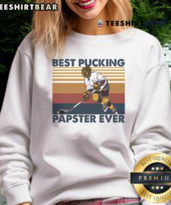 Funny hockey grandpa saying on a vintage sweatshirt, featuring the text 'Top Best Pucking Papster Ever' in bold design.
