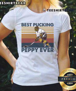 Funny hockey grandpa saying on a ladies tee, featuring 'Top Best Pucking Peppy Ever' design for hockey fans.