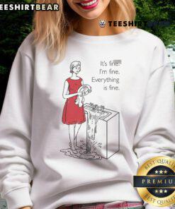 Alt Text: Mom wearing 'Everything Is Fine' sweatshirt with cookie theft theme, showcasing humor and comfort in casual wear.
