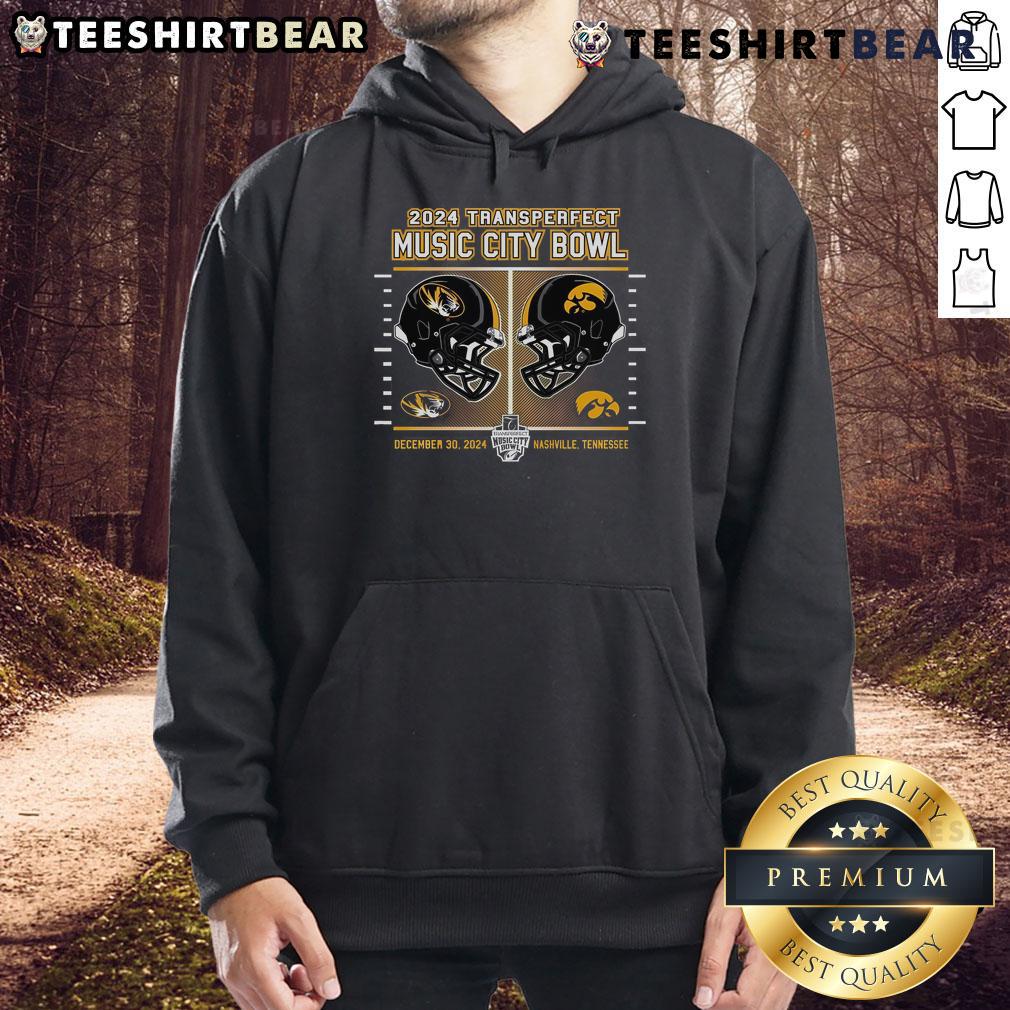 Alt Text: Top Mizzou Tigers vs Iowa Hawkeyes 2024 TransPerfect Music City Bowl football helmet hoodie design.