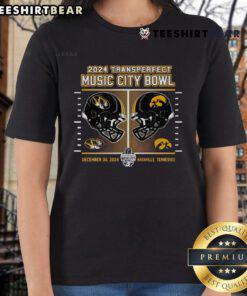 Alt Text: 2024 TransPerfect Music City Bowl football helmet design on a ladies tee featuring Mizzou Tigers vs Iowa Hawkeyes.
