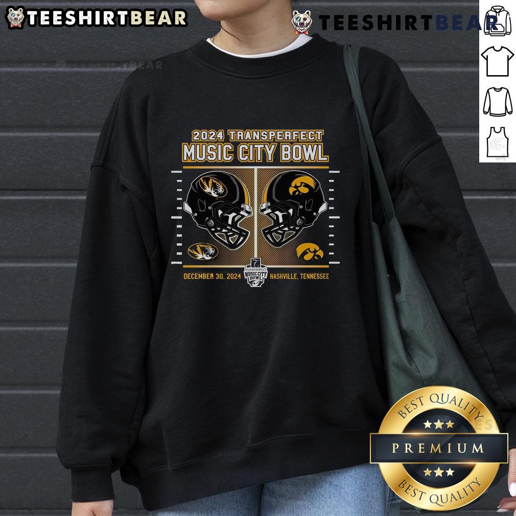 Top Mizzou Tigers vs Iowa Hawkeyes 2024 TransPerfect Music City Bowl football helmet sweatshirt design.