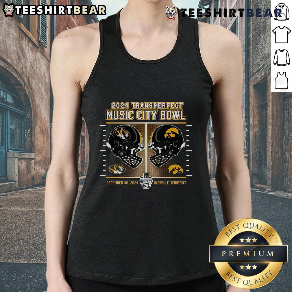 2024 TransPerfect Music City Bowl football helmet tank top featuring Mizzou Tigers vs Iowa Hawkeyes design.