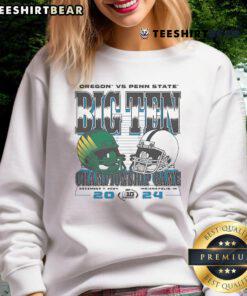 Alt Text: Oregon vs Penn State Big Ten 2024 football championship team helmets sweatshirt design featuring vibrant logos.
