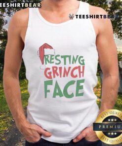 Grinch face design on a festive Christmas tank top, perfect for holiday parties and cozy celebrations. Top-Resting-Grinch-Face.