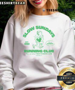Cozy Top Slow Sundays Running Club sweatshirt in navy, perfect for runners and casual outings.