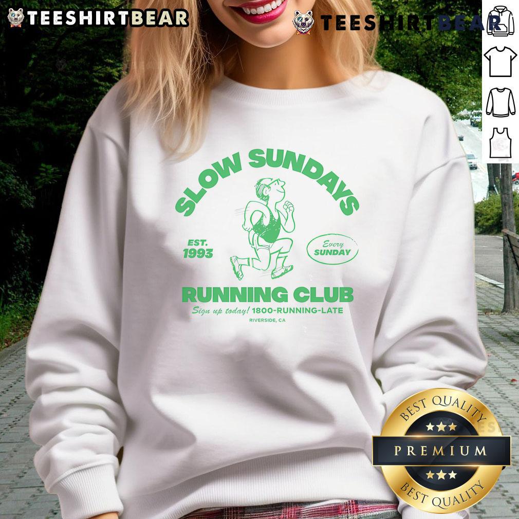 Cozy Top Slow Sundays Running Club sweatshirt in navy, perfect for runners and casual outings.