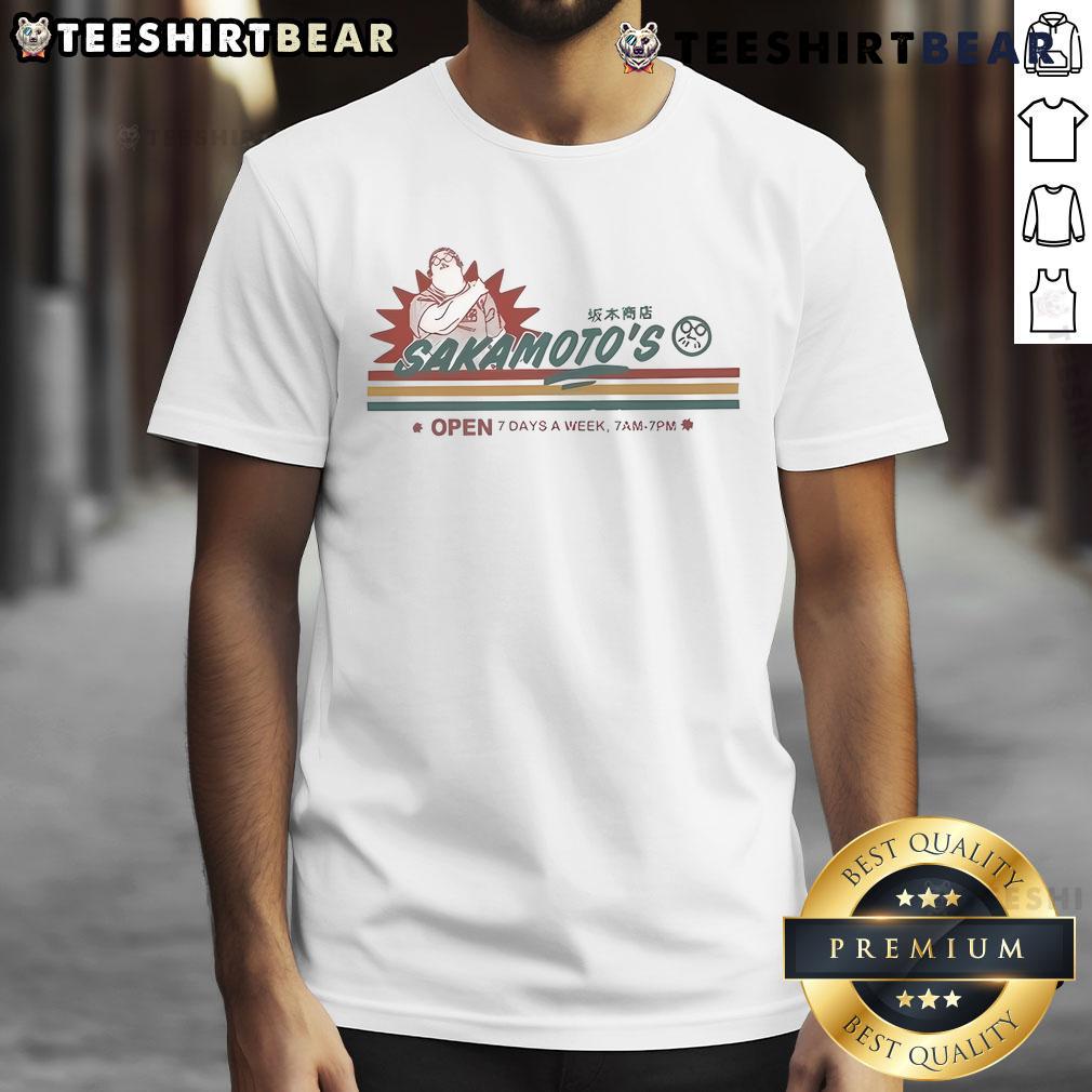 Awesome Sakamoto's Open 7 Days A Week T-Shirt featuring bold graphics and vibrant colors, perfect for casual wear.