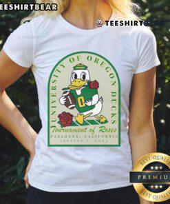 Alt Text: University of Oregon Ducks mascot at the Tournament of Roses in Pasadena, California, January 1, 2025, with ladies' tee.