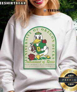 University of Oregon Ducks mascot sweatshirt at Tournament of Roses, Pasadena, California, Jan 1, 2025.