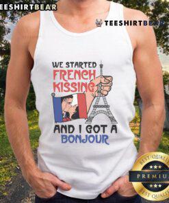 Model wearing 'Awesome We Started French Kissing And I Got A Bonjour' tank top, showcasing a fun and stylish design.