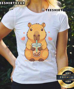 Alt Text: Cute capybara enjoying boba tea on a ladies' tee, featuring a playful design perfect for bubble tea lovers.