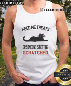 Adorable cat tank top with 'Feed Me Treats or Someone Is Getting Scratched' text, perfect for cat lovers and pet enthusiasts.