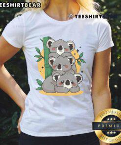 Cute Koala Stack Sleeping Ladies Tee featuring adorable koalas napping on a cozy t-shirt design for animal lovers.