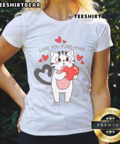 Adorable matching hearts on a cute cat graphic for the 'Love You Purrever' Valentine ladies tee shirt.